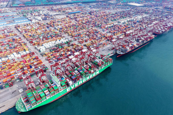 Container ships are seen at the port in Qingdao, in Chinas eastern Shandong province on August 11, 2025. (Photo by AFP) / China OUT / CHINA OUT / CHINA OUT