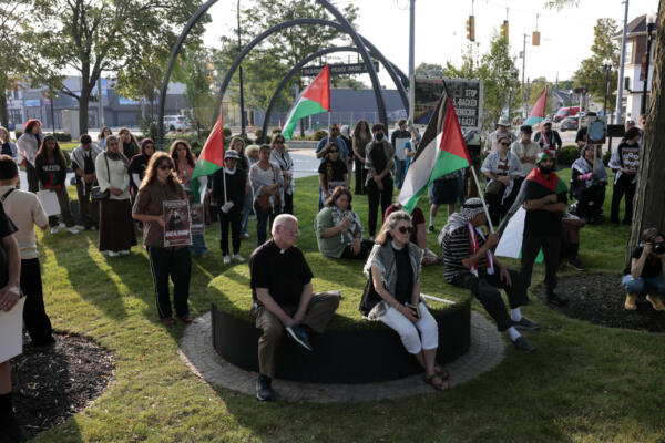 Pro-Palestinian demonstrators hold flags and signs during an 
