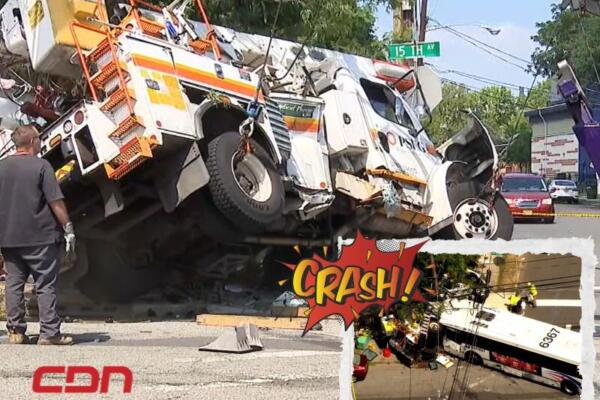 Un aparatoso choque ocurrido la mañana de este martes entre un autobús de NJ Transit y un camión de la empresa PSE&G dejó más de una docena de personas heridas y provocó un apagón. Foto: CDN Digital
