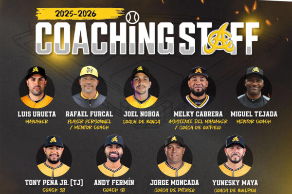 El staff de coaches de las Águilas Cibaeñas para la temporada 2025-2026 estará liderado por el experimentado dirigente colombiano Luis “Pipe” Urueta, quien aporta una sólida trayectoria en el béisbol profesional.
