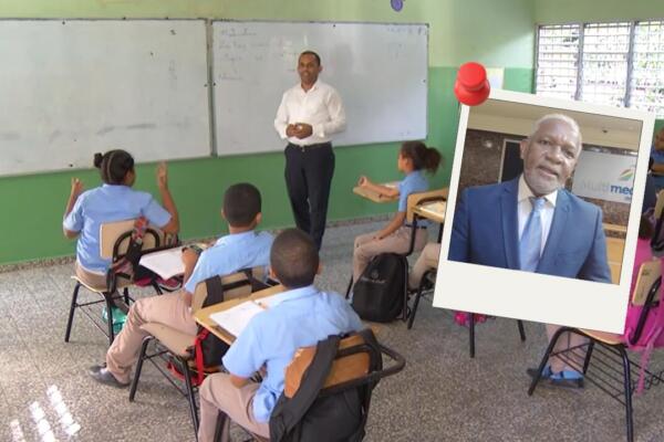 Niños y un maestro en el aula y el exministro de Educación, Melanio Paredes (cuadro). Foto: CDN Digital