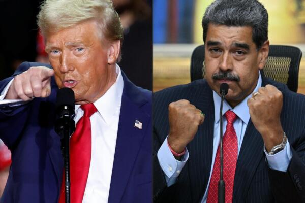 ARCHIVOS) (COMBO) Esta combinación de imágenes, creada el 7 de agosto de 2025, muestra al presidente estadounidense Donald Trump (izq.) en Grand Rapids, Michigan, el 5 de noviembre de 2024, y al presidente venezolano Nicolás Maduro (der.) en Caracas, el 31 de julio de 2024. (Foto de KAMIL KRZACZYNSKI y Federico PARRA / AFP)


