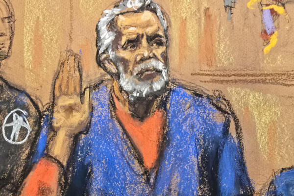 Fotografía de un dibujo realizado por la artista Jane Rosenberg del narcotraficante mexicano Ismael 'el Mayo' Zambada durante el juicio realizado en un tribunal federal este lunes, en Nueva York (Estados Unidos). EFE/ Jane Rosenberg
