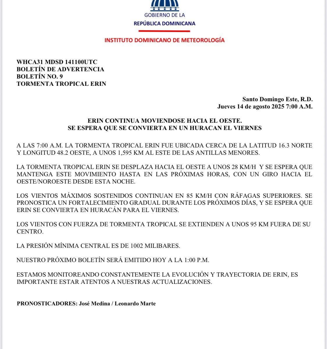 Erin podría convertirse en huracán este viernes, aunta Indomet