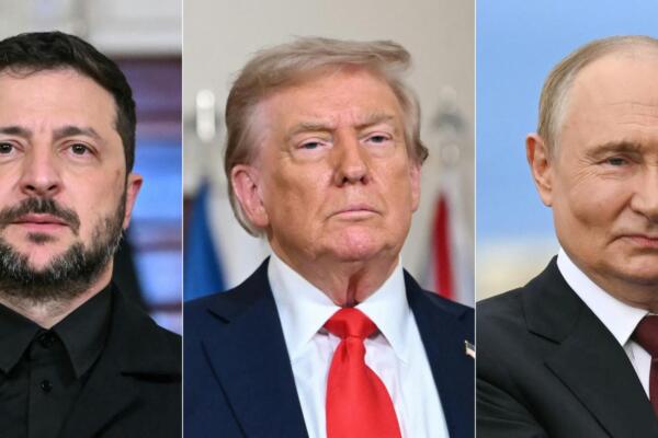 Esta combinación de imágenes creada el 18 de agosto de 2025 muestra al presidente estadounidense Donald Trump y al presidente ucraniano Volodymyr Zelensky en Washington, DC, el 18 de agosto de 2025 y al presidente ruso Vladimir Putin en Anchorage, Alaska, el 15 de agosto de 2025. Foto: fuente AFP
