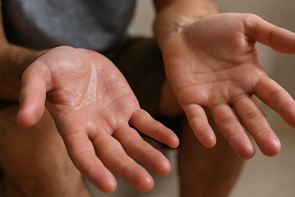 Manos sudorosas con gotas visibles, símbolo de hiperhidrosis palmar