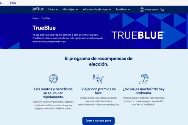 Pantalla de inicio de TrueBlue Travel, la nueva plataforma de JetBlue