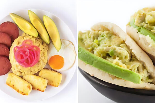 Imagen dividida con un plato de mangú con los tres golpes y una arepa reina pepiada