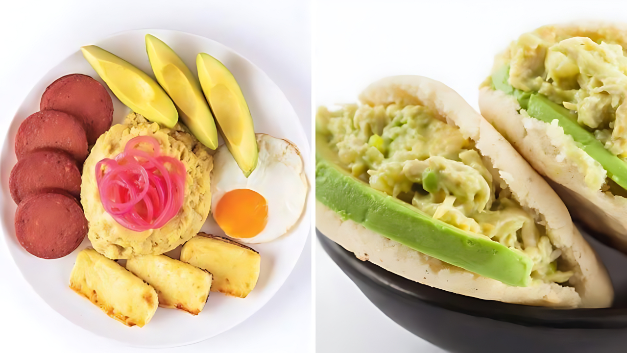Imagen dividida con un plato de mangú con los tres golpes y una arepa reina pepiada