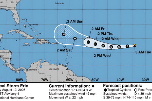 Trayectoria proyectada de la tormenta Erin 