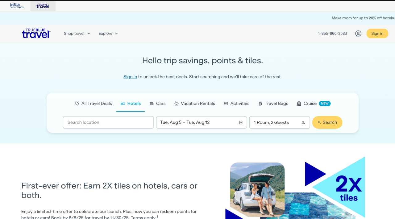 TrueBlue Travel permite reservar vuelos, hoteles, autos y actividades