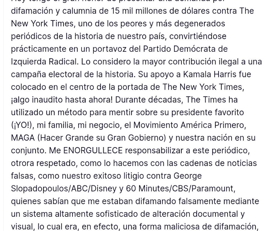 Trump exige US$15 mil MM al NYT por difamación
