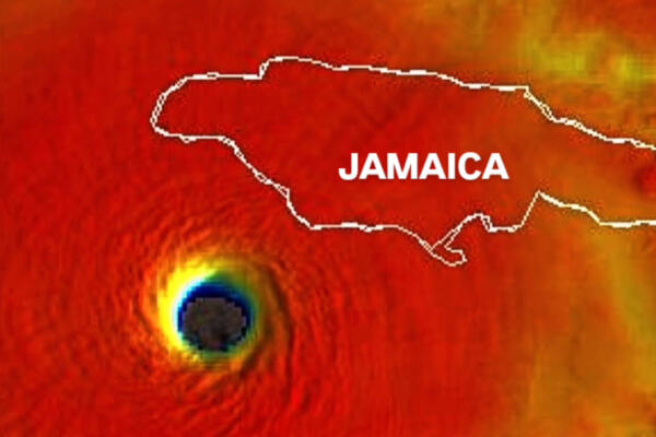 Imagen satelital del huracán Melissa aproximándose a Jamaica.