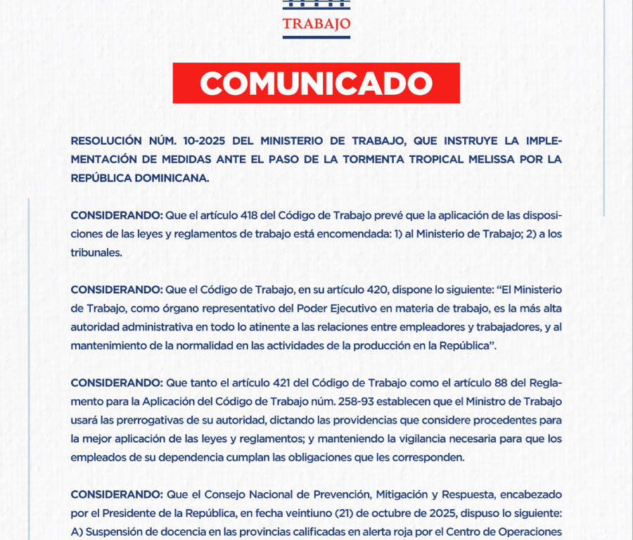 Gobierno suspende labores por efectos de la tormenta Melissa