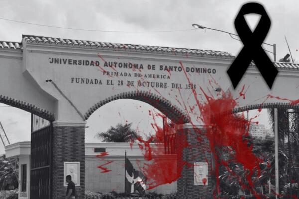 Fachada UASD en blanco y negro con  simulación  elemento sangre. Fallece miembro de seguridad herido en tiroteo en la UASD. FOTO CDN