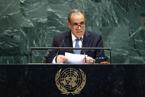 El ministro de Asuntos Exteriores egipcio, Badr Abdelatty, se dirige a la Asamblea General de las Naciones Unidas en la sede de la ONU en Nueva York el 27 de septiembre de 2025. (Foto: CHARLY TRIBALLEAU / AFP)
