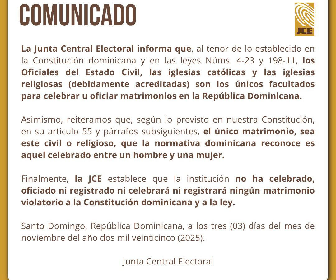 La Junta Central Electoral (JCE) ha reiterado que no registrará actos que contravengan el artículo 55 de la Constitución.