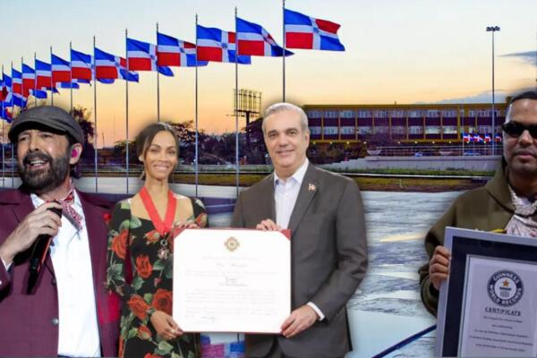 El artista Juan Luis Guerra, la actriz Zoe Saldaña, junto al presidente Luis Abinader y Santiago Matías, alias Alofoke.
Foto: CDN Digital
