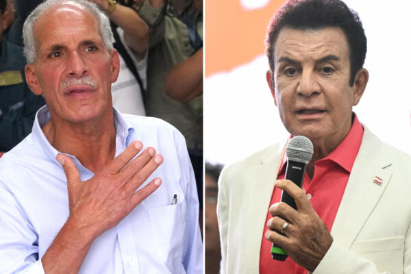 En esta combinación de imágenes de archivo, creada el 1 de diciembre de 2025, el candidato presidencial hondureño del Partido Nacional, Nasry Asfura, hace un gesto al emitir su voto en Tegucigalpa el 30 de noviembre de 2025, y el candidato presidencial hondureño del opositor Partido Liberal, Salvador Nasralla, pronuncia un discurso antes de los primeros resultados de las elecciones presidenciales en Tegucigalpa el 30 de noviembre de 2025. (Foto de Johny MAGALLANES y Marvin RECINOS / AFP)
 
