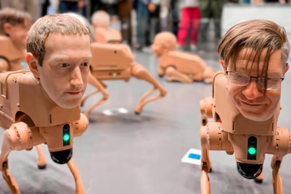 Fotografía de dos perros robots con las caras del presidente ejecutivo de Meta, Mark Zuckerberg (i), y del propio creador, el artista digital Beeple durante la feria Art Basel 2025 este 4 de diciembre de 2025, en Miami Beach (Estados Unidos). EFE/ Alicia Civita
