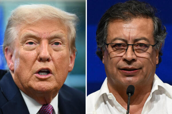 Esta combinación de imágenes, creada el 15 de septiembre de 2025, muestra al presidente estadounidense Donald Trump hablando con la prensa tras firmar órdenes ejecutivas en la Oficina Oval de la Casa Blanca en Washington, D.C., el 5 de septiembre de 2025, y al presidente colombiano Gustavo Petro durante la ceremonia inaugural de la COP16 en Cali, Colombia, el 20 de octubre de 2024.(Foto de JOAQUIN SARMIENTO y Mandel NGAN / AFP)
