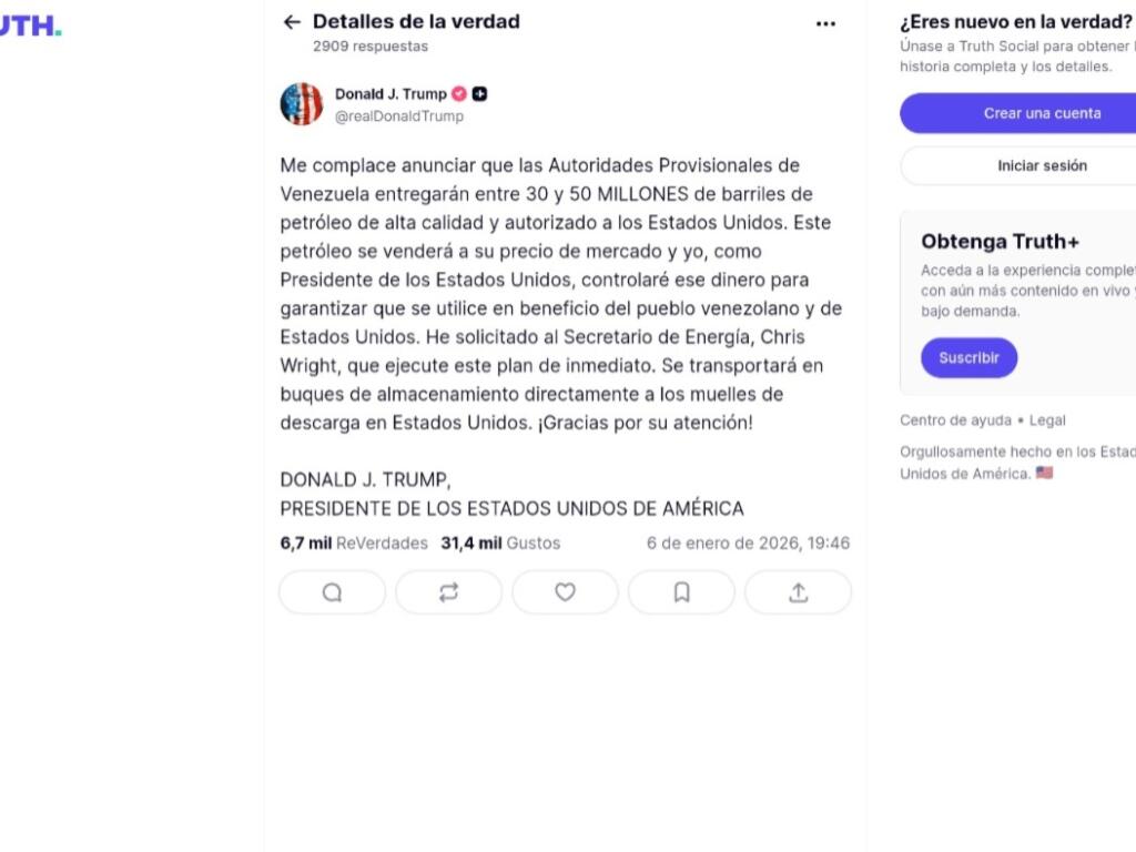Trump sugiere que Venezuela entregará petróleo a EE.UU.