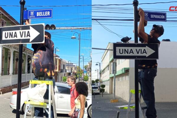 Brigadas del Ayuntamiento de Puerto Plata colocan letreros y señalización vial en calles del Centro Histórico, como parte del plan de ordenamiento y embellecimiento impulsado por la gestión municipal.