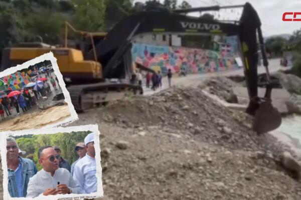 Autoridades municipales y comunitarias durante el acto del primer picazo para la construcción del puente de Guayabal, obra impulsada por el Ministerio de Obras Públicas y Comunicaciones.