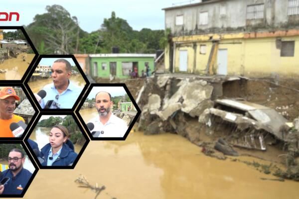 Viviendas y comercios cubiertos de lodo tras el desbordamiento del río en Gaspar Hernández, donde brigadas de la Defensa Civil y otras instituciones realizan labores de evaluación y asistencia a las familias afectadas.