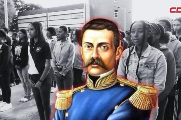 Autoridades y docentes del Instituto Superior de Formación Docente Salomé Ureña durante el acto conmemorativo por el 210 aniversario del natalicio de Matías Ramón Mella en el recinto Urania Montás, en San Juan de la Maguana.