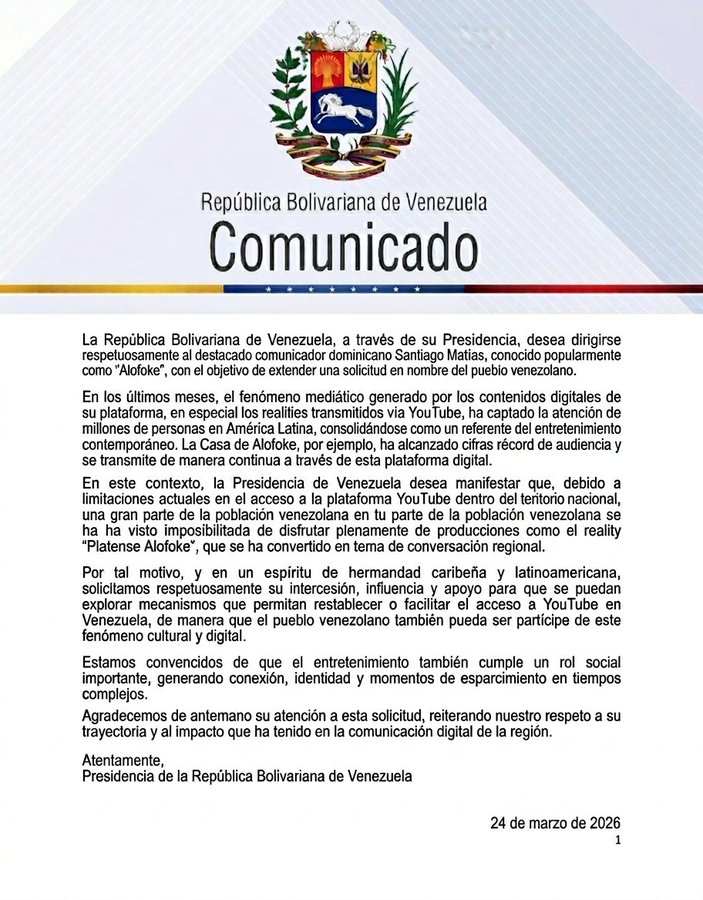 Presidencia de Venezuela no respondió a Alofoke