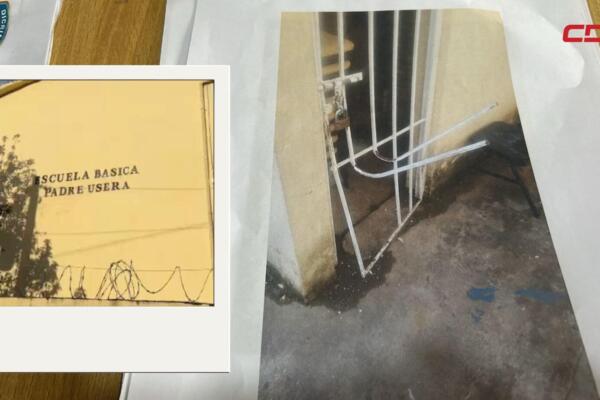 Verja violentada y áreas deterioradas de la escuela Padre Usera, en Villa Altagracia, tras el robo de equipos eléctricos.