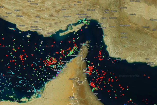 This screen grab taken from a screen recording of the MarineTraffic website on April 21, 2026, shows data visualisation of maritime traffic in the Gulf, Strait of Hormuz and Gulf of Oman from April 18 to April 20, amid a fragile US-Iran truce. A Pentagon assessment said it could take six months to completely clear the Strait of Hormuz of Iranian-laid mines, which could keep oil prices high, the Washington Post reported on April 22. Iran has all but blocked the vital waterway since the start of a war with the United States and Israel, sharply driving up oil and gas prices and disrupting the global economy. (Photo by MARINETRAFFIC.COM / AFP) / RESTRICTED TO EDITORIAL USE - MANDATORY CREDIT 