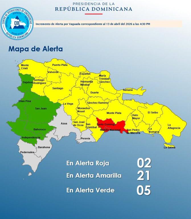 COE coloca al Distrito Nacional y Santo Domingo en alerta roja