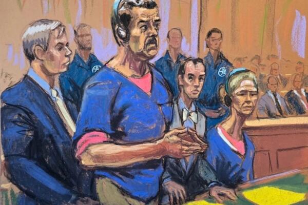 Boceto que muestra a Nicolás Maduro y su esposa, Cilia Flores, durante una audiencia el pasado 5 de enero de 2026. Foto AFP