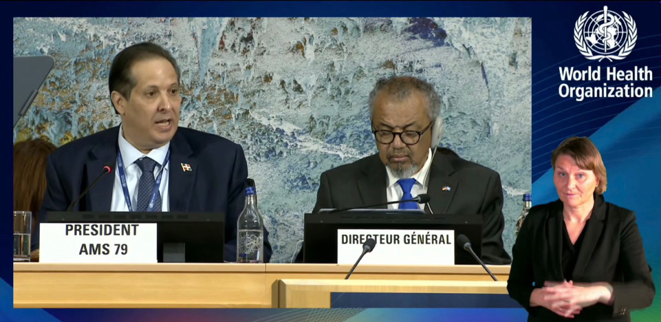 Ministro Víctor Atallah durante la Asamblea Mundial de la Salud de la OMS en Ginebra