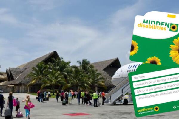 Se trata de una cinta con girasoles que permite a quienes la portan indicar que podrían necesitar más tiempo, asistencia o comprensión durante los procesos aeroportuarios. Foto: Fuente externa 