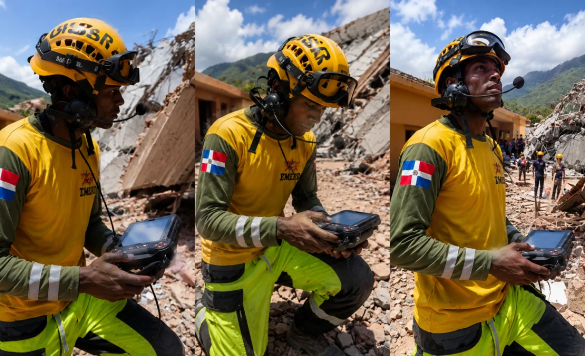 Rescatistas dominicanos utilizan equipos de búsqueda entre escombros en La Guaira, Venezuela