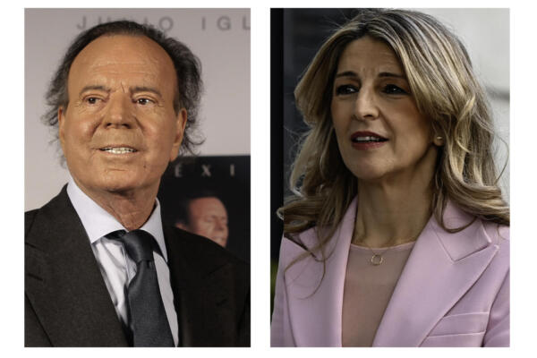 FOTO ARCHIVO. El cantante Julio Iglesias (i) y la vicepresidenta segunda del Gobierno español, Yolanda Díaz (d). EFE/Alex Cruz y Fernando Villar