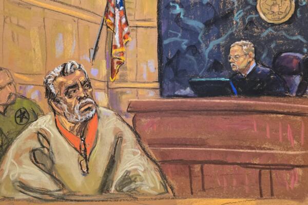 Fotografía de archivo del 18 de octubre de 2024 de un dibujo realizado por la artista Jane Rosenberg del juez Brian Cogan (d) frente al narcotraficante mexicano Ismael 'el Mayo' Zambada durante el juicio realizado en el Tribunal Federal de Brooklyn, en Nueva York (Estados Unidos). EFE/ Jane Rosenberg ARCHIVO