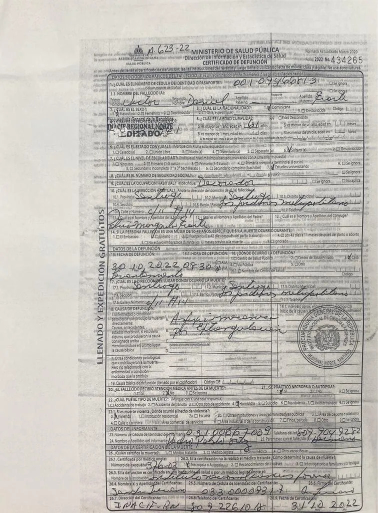 Acta de defunción de Víctor Erarte