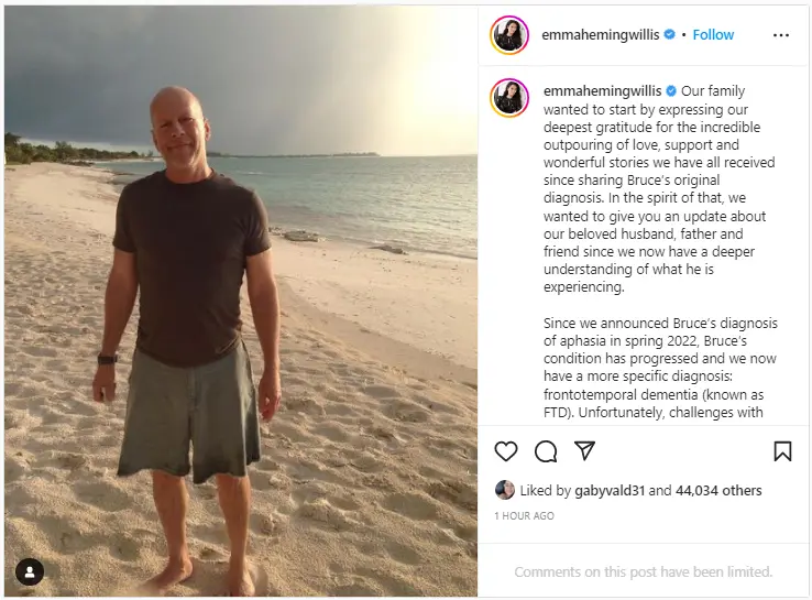 Bruce Willis diagnosticado con demencia: "La condición ha progresado"