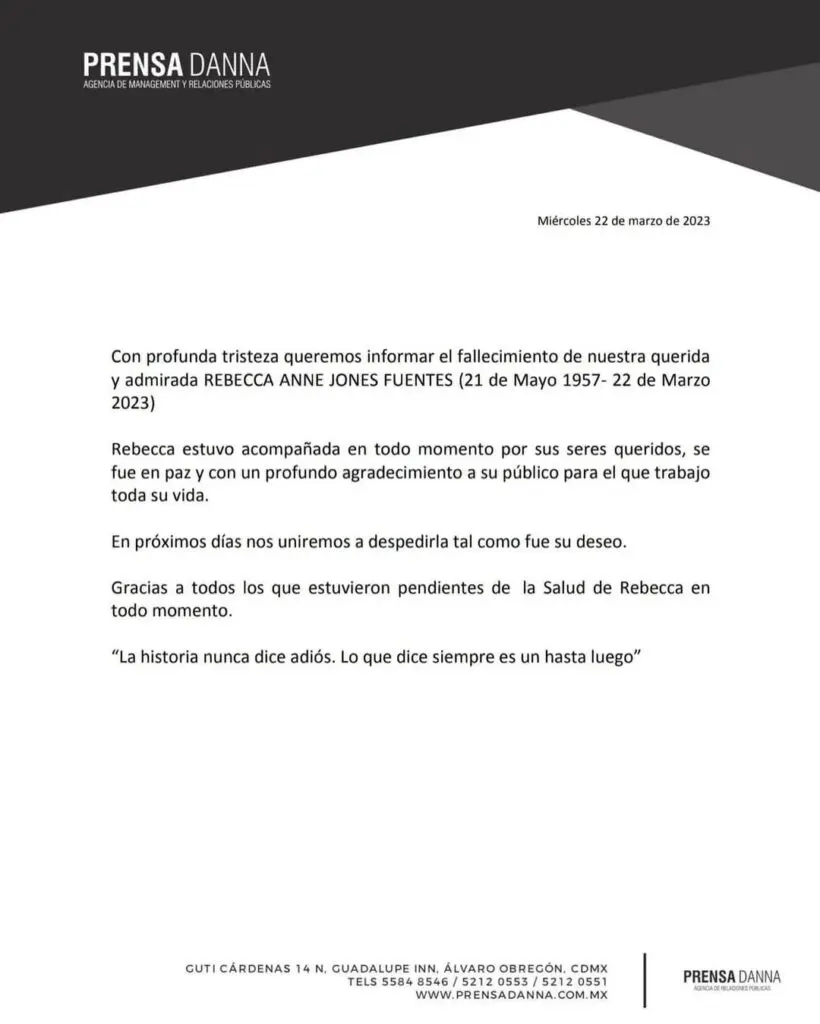 Comunicado que anunció la muerte de Rebecca Jones