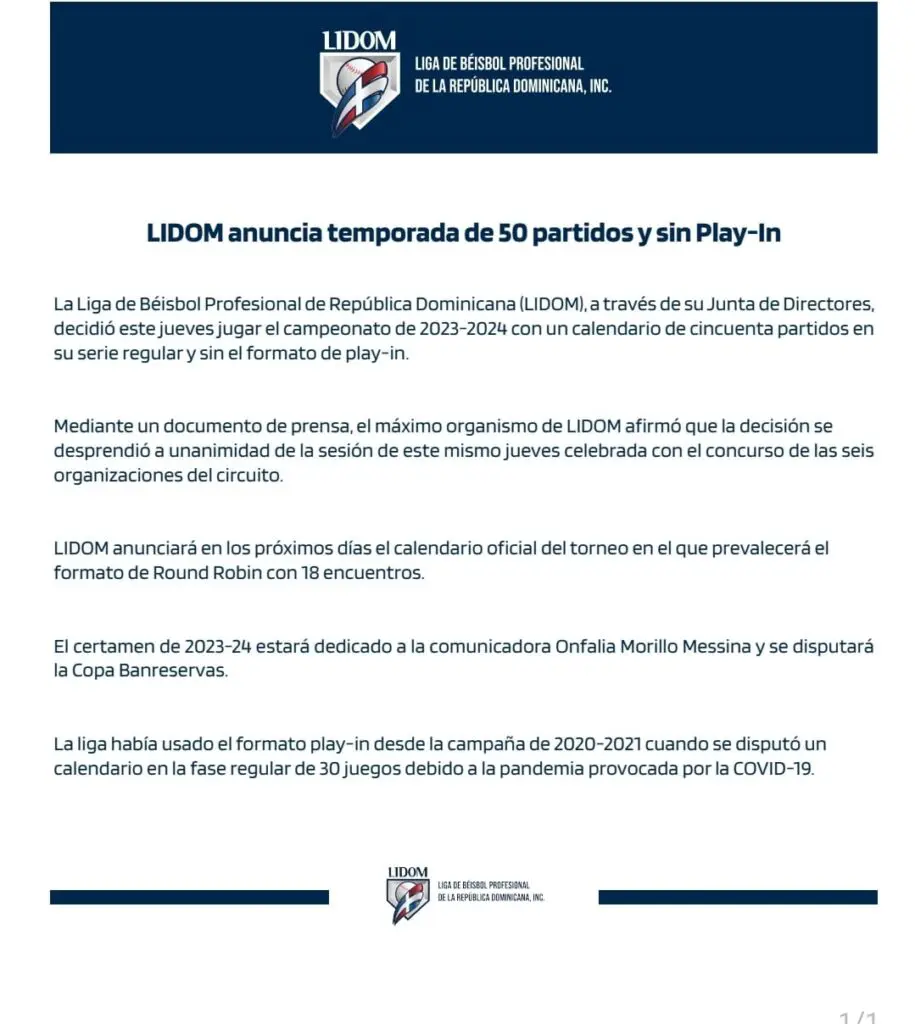 LIDOM anuncia histórica modificación en el calendario para el 2023-24