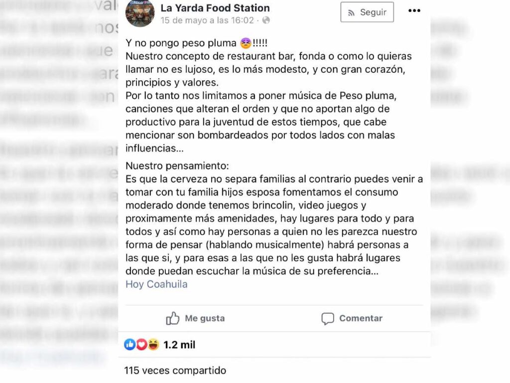 Restaurante se vuelve viral por negarse a poner música de Peso Pluma