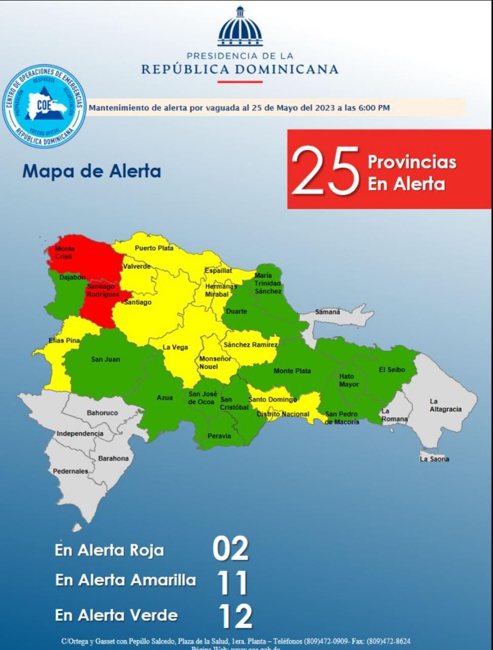 COE baja a 2 las provincias en alerta roja por vaguada