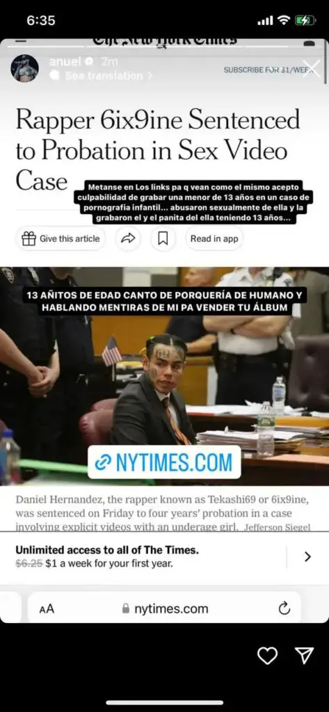Anuel AA llama pedófilo a Tekashi: "Aléjate de mi hija"