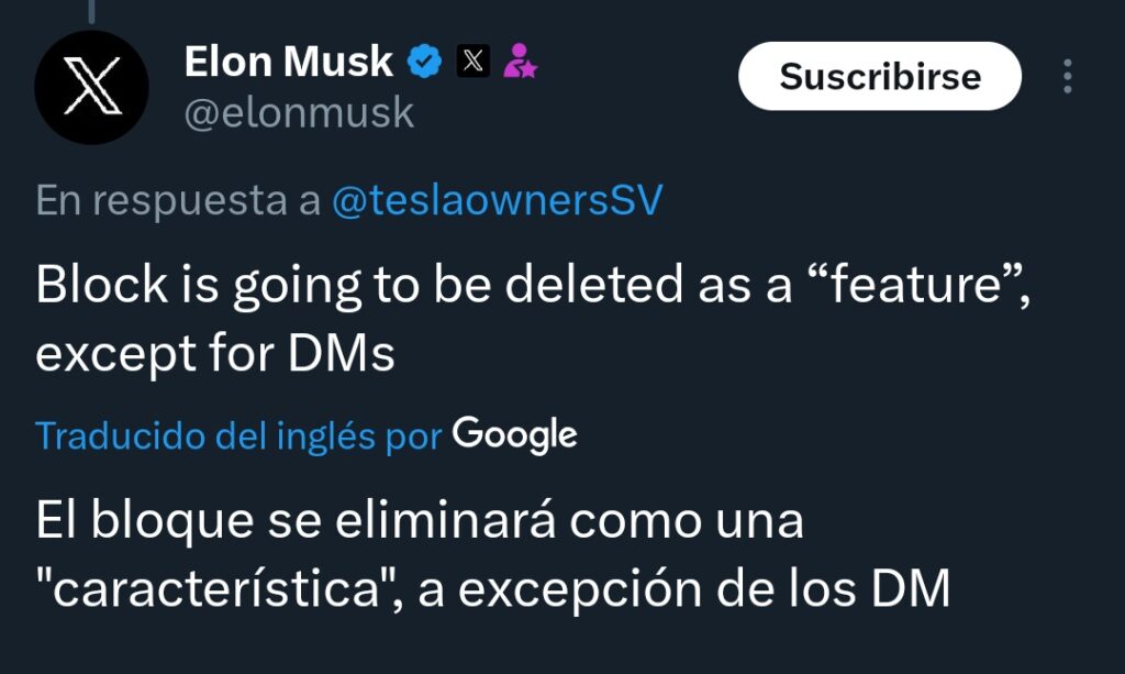 Elon Musk anuncia que eliminará opción de bloquear usuarios en Twitter X