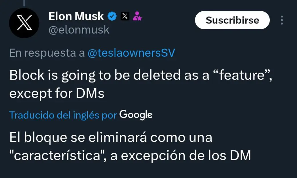 Elon Musk anuncia que eliminará opción de bloquear usuarios en Twitter X
