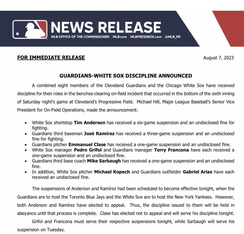 José Ramírez es suspendido por tres juegos y Tim Anderson por seis